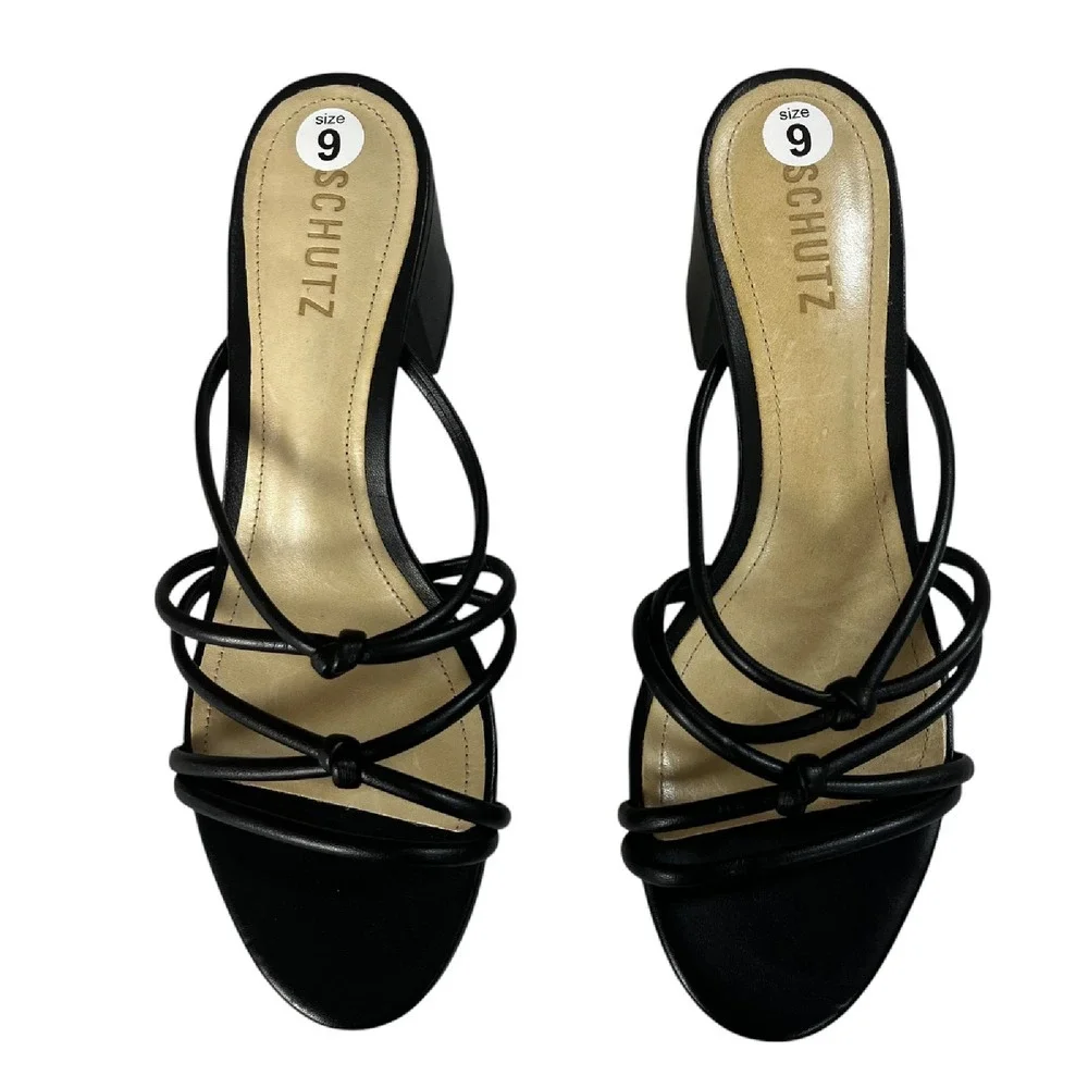 SCHUTZ Princey Black Leather Strappy Block Heel Slip On Sandals Womens Size 10.5